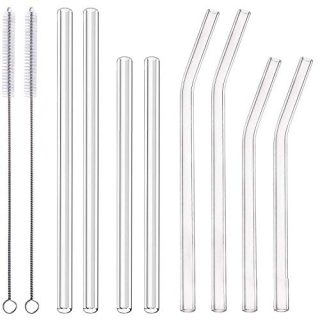 ALINK 8-Pack Clear Glass Smoothie Straws, 10mm Wide 10" + 9" Long Reusable Drinking Straws for Milkshakes, Juice, Water, Milk with 2 Cleaning Brush