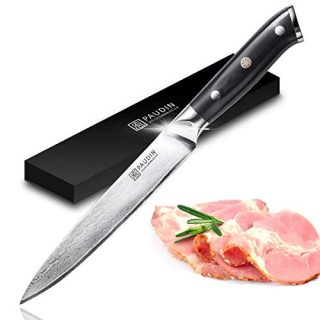 Elegant PAUDIN Damascus Carving Knife with 8-inch blade, featuring a stunning patterned steel finish, ergonomic handle, and razor-sharp edge, perfect for meats and vegetables. 