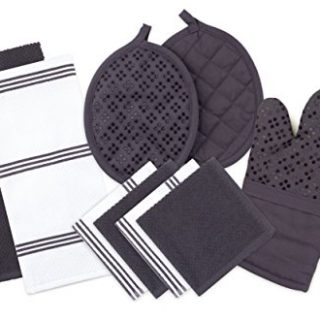 Sticky Toffee Silicone Printed Oven Mitt & Pot Holder, Cotton Terry Kitchen Dish Towel & Dishcloth, Gray, 9 Piece Set