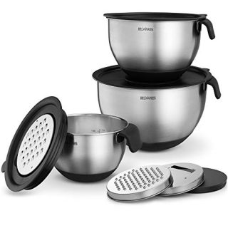 Stainless Steel Mixing Bowls with Lids - Nesting Bowls with Graters, Handle, Pour Spout, Airtight Lids - Non-Slip Mixing Bowl Set for Cooking, Baking, Prepping, Food Storage (Set Of 3)