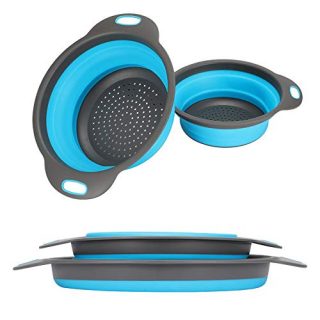 Collapsible Colander, 2 Collapsible Set, Learja Food-Grade Silicone kitchen Strainer Space-Saver Folding Strainer Colander, Sizes 8 inches - 2 Quart, and 9.5 inches - 3 quart (blue)