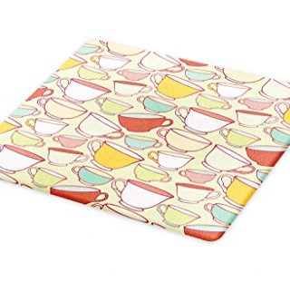 Lunarable Tea Party Cutting Board, Vintage Sketch Colorful Traditional Teacups Cozy Kitchen Elements for Tea Time, Decorative Tempered Glass Cutting and Serving Board, Large Size, Pink Yellow