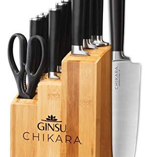 Ginsu Gourmet Chikara Series Forged 12-Piece Japanese Steel Knife Set – Cutlery Set with 420J Stainless Steel Kitchen Knives – Bamboo Finish Block,