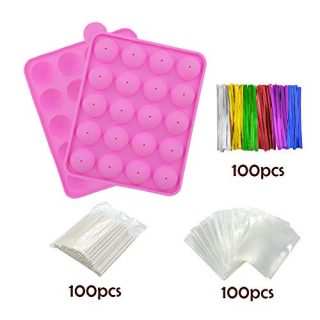 BPA Free Cake Pop Mold, Silicone Silicone Molds with 100 cake pop sticks+100 Treat Bags+ 100 Twist Ties in mix Colors, Great for Hard Candy, Lollipop, Cake Pop and Party Cupcake