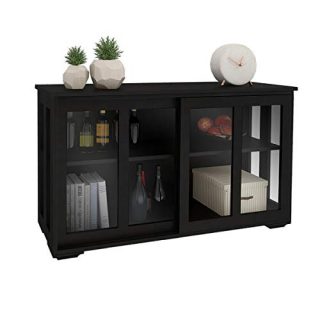Kitchen Storage Cabinet RASOO Antique Black Buffet Sideboard Adjustable Shelf Home Cupboard Table with Transparent Glass Sliding Door for Kitchen, Dining Room, Living Room