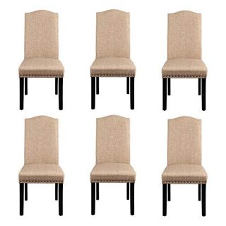 Yaheetech Dining Chairs Dining Room Chairs Living Room Chairs with Rubber Wood Legs and Non-woven Fabric, Wedding, Hotel, Restaurants, Kitchen, Hall, Side Chairs with Nailhead Trim, Set of 6, Khaki