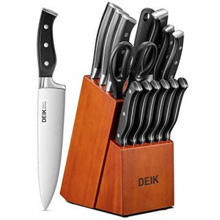 Deik Knife Set, Upgraded Stainless Steel Kitchen Knife Set 15PCS for Anti-rusting, Super Sharp Carving Knife Set with Ergonomic Handle in Hardwood Block