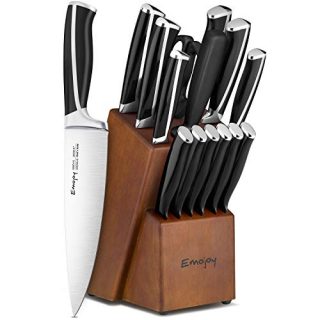 Emojoy Knife Set, 15-Piece Kitchen Knife Set with Block Wooden, Black Handle for Chef Knife Set, German Stainless Steel Cutlery Knife set
