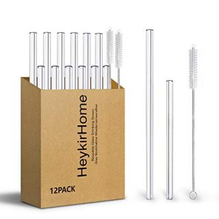 HeykirHome 12-Pack Reusable Glass Straws,6 Pack 8''x10 MM+ 6 Pack 5”x10 MM with 2 Cleaning Brush- Perfect for Smoothies, Tea, Juice
