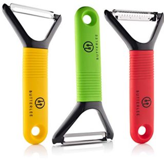 Vegetable Peeler trio set by BUTTERLEE. Potato, apple, fruit, kiwi, carrot, veggie Y-shaped stainless steel swivel, serrated, julienne, garnish peelers with non-slip comfortable grip handle, set of 3