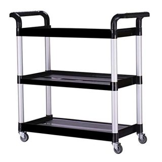 MathRose Heavy Duty 3-Shelf Rolling Service/Utility/Push Cart, 390 lbs. Capacity, Black, for Food Service/Restaurant/Cleaning