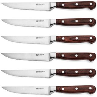 Hudson Essentials Steak Knife Set of 6 - Serrated German Steel Blade and Pakkawood Handle
