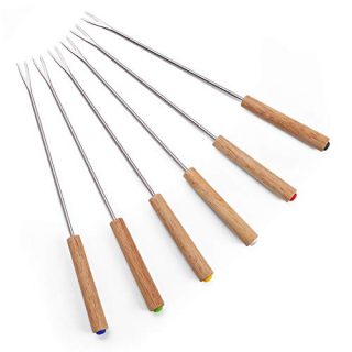 Set of 6 Stainless Steel Fondue Forks Wood Handle Heat Resistant 9.5" - for Chocolate Fountain Cheese Fondue by Sago Brothers