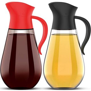 Brieftons Oil & Vinegar Dispensers: 2 x 18.6 Oz Leakproof Glass Dispenser Bottles, Dual Condiment Dispensing Cruet Containers, with Automatic Stopper, Drip-Free & Spill-Free Spout, Non-Slip Handle