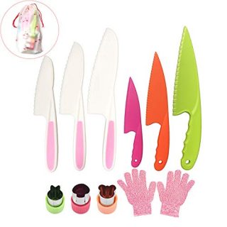 Pocomoco Kids Kitchen Knife Set Children Safe Cooking Plastic Knives Set with Cut-resistant Gloves (Ages 6-12), Vegetables Cutters Perfect for Fruit, Bread, Cake, Lettuce, Salad