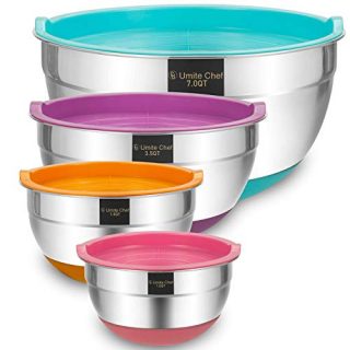 Mixing Bowls with Airtight Lids, 4 Piece Stainless Steel Large Non-Slip Nesting Bowls by Umite Chef, 7-3.5-1.5-1 Quart, Polished Mirror Finish for Mixing Cooking Supplies