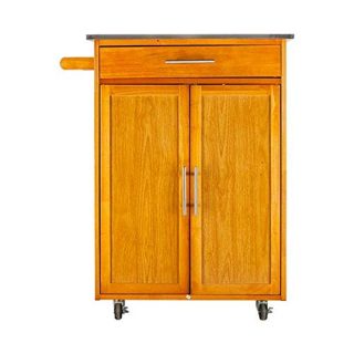 YELITE Rolling Wood Kitchen Island Storage Trolley Utility Cart, Mobile Two Door Cabinet Kitchen Cart with Stainless Steel Table Top, One Drawer, One Cabinet