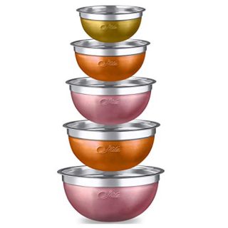 Shila Kitchen Mixing & Serving Bowls, Colorful Design Set of 5 Stainless Steel Nesting Bowls for Prep, Mixing & Serving, Lightweight, Space Saving, Large Bowls Set to Light Up Your Kitchen (Sunset)