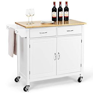 WATERJOY Rolling Kitchen Buffet Cart, Wood Utility Kitchen Storage Island Cart with Wood Top, Antique White(43" x 19.5" x 35.5")