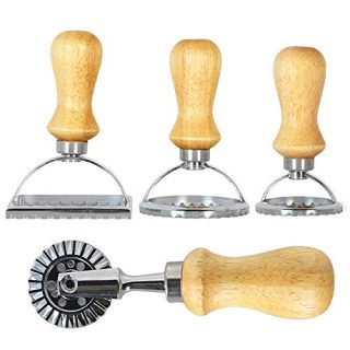 Ravioli Stamp Set, Ravioli Maker Cutter Stampwith Roller Wheel Set, Mold with Wooden Handle and Fluted Edge, Pasta Press Kitchen Attachment for Ravioli, Pasta, Dumplings Lasagna, Pierogi, Set of 4