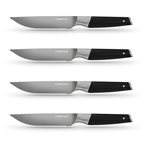 FASAKA 4 piece Dinner Knives set, Stainless Steel Dinner Serrated Steak Knives with Black Handle. Dishwasher Safe Steak Knife set of 4