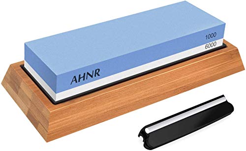 Whetstone Knife Sharpening Stone Dual Sided 1000/6000 Grit Waterstone, AHNR Premium Kitchen Knife Sharpener Whetstone Kit with NonSlip Bamboo Base & Angle Guide for Kitchen/Pocket Knives/Blades