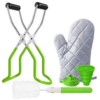 Canning Jar Lifter Tongs, with Small Silicone Funnel - Heat Resistant Kitchen Gloves - Sponge Cleaning Brush, Stainless Steel Jar Lifter for Wide and Regular Mason Jars