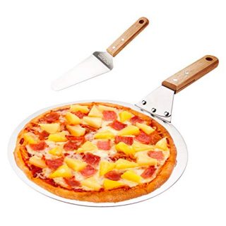 Round Aluminum Pizza Peel with Pizza Server,Wood Handle with Hook,9inch Food Grade Aluminum Pizza Peel Great for Baking Homemade Pizza, Bread, Cake