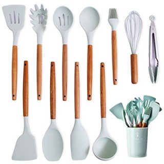 Kitchen Cooking Utensils Set With holder,Silicone Cooking Spoon Spatula Wooden Handle,Spatula For Nonstick Cookware,Light Blue Silicon Kitchen Cooking Tools Utensils Tongs Whisk Ladle Heat Resistant