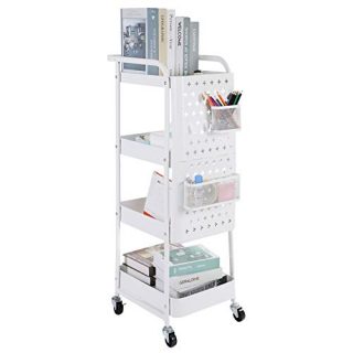 4-Tier Utility Cart, Rolling Storage Cart Shelf Rack with Removable Hooks and Basket Organizer Cart for Kitchen Office Bedroom Bathroom