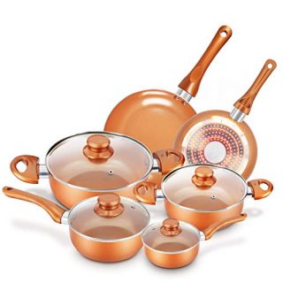 Cookware-Set Nonstick Pots and Pans-Set Copper Pan - KUTIME 10pcs Cookware Set Non-stick Frying Pan Ceramic Coating Stockpot, Cooking Pot, Copper Aluminum Pan with Lid, Gas Induction Compatible