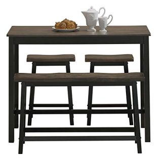 COSTWAY 4-Piece Solid Wood Dining Table Set, Counter Height Dining Furniture with One Bench and Two Saddle Stools, Industrial Style with Foot Pads, Ideal for Home, Kitchen, Living Room (Gray & Brown)