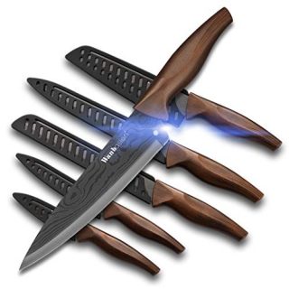 Wanbasion Matte Black Titanium Plated Stainless Steel Kitchen Knife Set, Chef Kitchen Knife Set Professional, Dishwasher Safe Kitchen Knife Set with Damascus Style