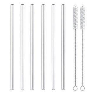 MIXIAO Reusable Glass Straws - 8.5" x 10 mm Handmade Smoothie Straws Clear Straight - 6 Pack With 2 Cleaning Brush - Healthy, Eco Friendly, BPA Free,Milkshake and Smoothie Straws
