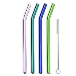Hummingbird Glass Straws 9 inches x 9.5 mm Bermuda Tide Bent Reusable Straws (4 pack of Purple-Teal-Blue-Green)