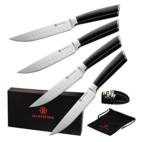 Steak Knives Set of 4 by MARKSFORD. Extremely Sharp 5 Inch Non Serrated Quality German Stainless Steel Steak Knife Set, Guaranteed To Not Rust, Stunning Packaging With Sharpener Makes The Perfect Gift