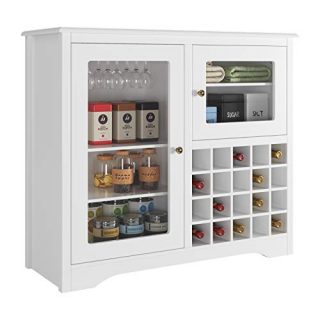 HOMECHO Wine Bar Storage Cabinet Wood Kitchen Buffet Server with 20-Bottle Display Rack Holder and Glass Hooks, Liquor Cupboard Sideboard Table, Modern Dining Room Furniture, White