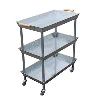 4W Bar Cart 3 Tier Utility Cart with Wheels, Galvanized Metal Bar Carts for The Home,Kitchen,Restaurant, Outdoor Serving Cart with Locking Wheels and Handle, Vintage Country Décor