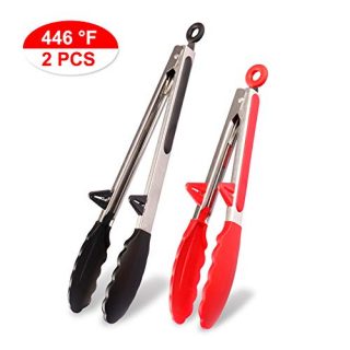 Tongs For Cooking, Grill Tongs With Silicone Tips Stainless Steel Food-Grade Safe Non-Stick Heat Resistant Kitchen Tools For BBQ Baking Salad (9-Inch Red & 12-Inch Black Included)