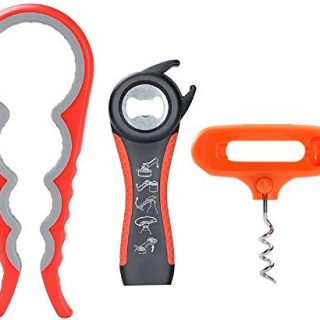 PANDAPOK Jar Opener and Bottle Opener with Silicone.5-in-1 Multi Kitchen Tools Set and 4-in-1Jar Grip Opener and Wine Opener Easy Twist off for Elderly, Arthritic and Weak Hand, Pack of 3(red-orange)