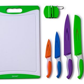 EatNeat 12-Piece Colored Sharp Knife Set: 5 Stainless Steel Kitchen Knives with Covers, Cutting Board and Sharpener