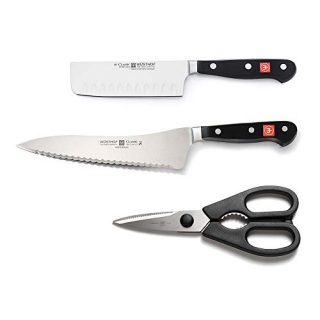 WÃ¼sthof Classic 3 Piece Kitchen Knife Set | 5â€ Hallow Edge Nakiri, 8â€ Offset Deli Knife, Come Apart Kitchen Shears, Black (8593)