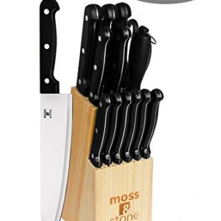14 piece Stainless Steel Serrated Knife Set | Kitchen knives Set With High-Carbon Stainless Steel Blades And Wooden Block Set | Cutlery Knife Set By Moos & Stone.