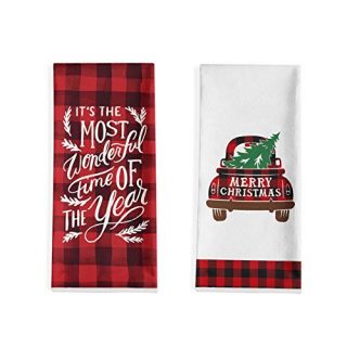 Artoid Mode It's The Most Wonderful Time of The Year Kitchen Dish Towels, 18 x 28 Inch Christmas Holiday Buffalo Plaid Truck Tree Ultra Absorbent Drying Cloth Tea Towels for Cooking Baking Set of 2