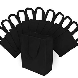 Small Black Reusable Gift Bags, Shopping Bags with Handles, Grocery Bags, Fabric Tote Bags, Merchandise Bags, Foldable, Strong and Eco Friendly 12 Pcs. 8x4x10"