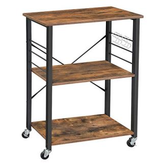 VASAGLE ALINRU Kitchen Baker’s Rack, Microwave Oven Stand Storage Cart, 3-Tier Serving Cart with Metal Frame and 6 Hooks, Industrial Design, Rustic Brown UKKS60XV1