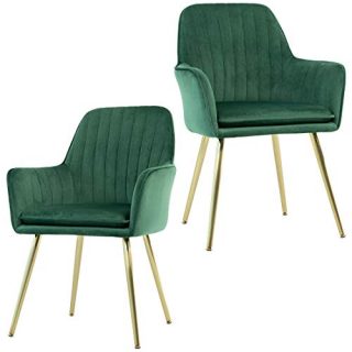 GOLDEN BEACH Velvet Dinning Chair Set of 2 Mid-Back Accent Chair Modern Leisure Armchair with Gold Plating Legs Upholstered Living Room Chair (Royal Green)
