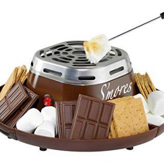 Nostalgia Indoor Electric Stainless Steel S'mores Maker with 4 Compartment Trays for Graham Crackers, Chocolate, Marshmallows and 2 Roasting Forks, Brown