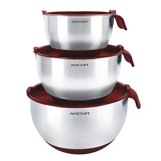 AVACRAFT 18/10 Top Rated Stainless Steel Mixing Bowls with Lids, non slip silicone base bowls with Handle, Mixing Bowl Set with Pour Spouts & Measurement Marks, Home Essentials Cooking Bowls, (Red)