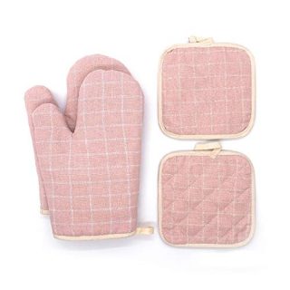Pretty Jolly Oven Mitts and Pot Holders Sets 4 pcs for Kitchen Heat Resistant Toaster Oven mits with Recycled Cotton Quilted Potholders for Women Home Cooking Baking Cute Pink Kitchen Mittens